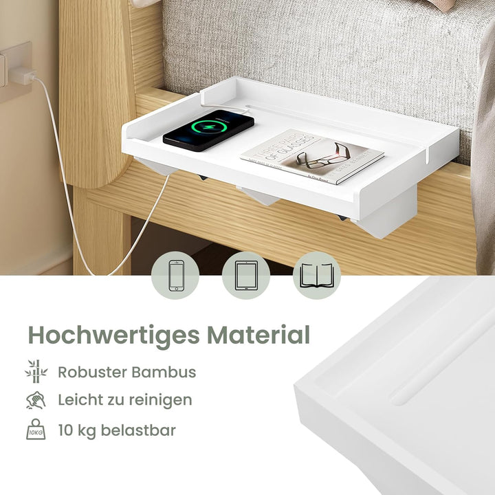 EUGAD Nachttisch zum Aufhängen, Bettregal zum Anklippen, aus Bambus, mit Löchern für Kabel, Platz fü