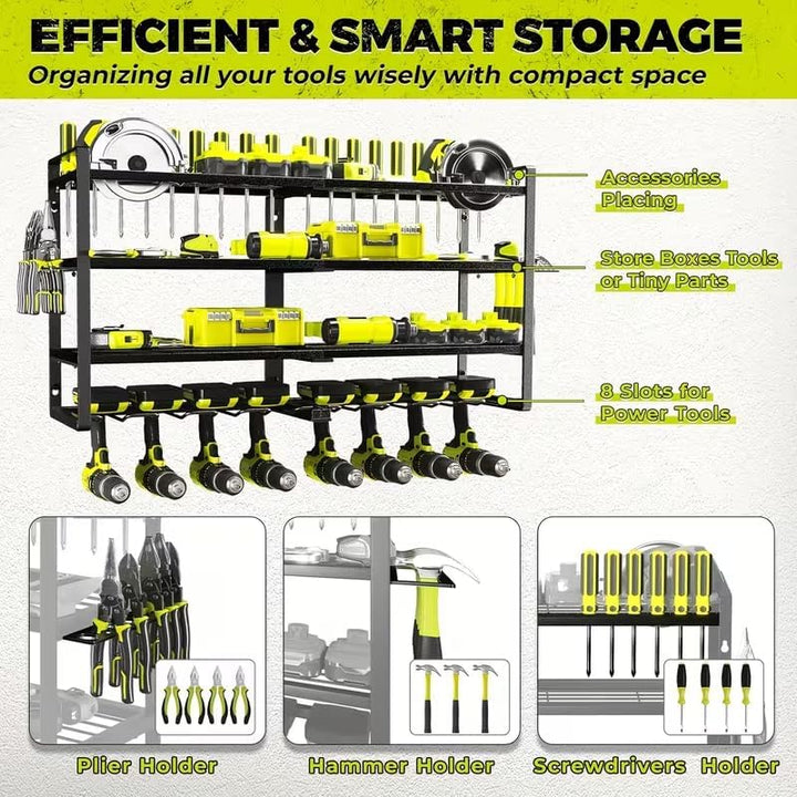 4-tier electric tool storage rack, heavy-duty metal shelf, wall-mounted garage organizer with slots