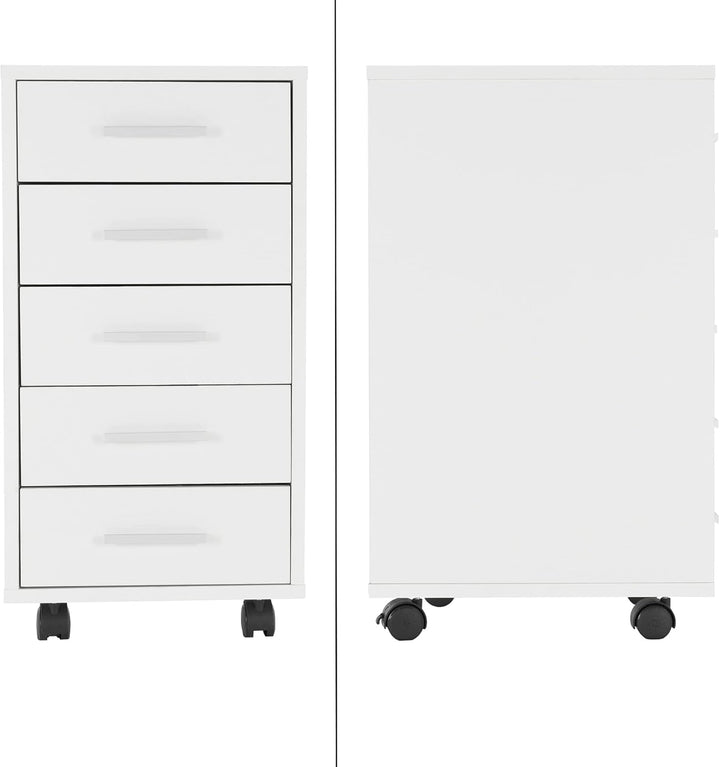 ML-Design Rollcontainer mit 5 Schubladen, 33x38x63,5 cm, Weiss, aus Holz, Aluminium-Griffe, Mobiler