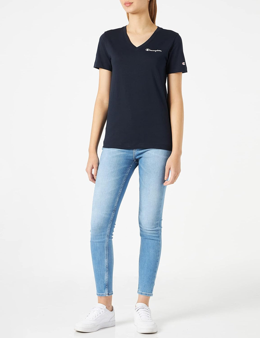 Champion Damen American Classics-Small Logo S/S V-Neck T-Shirt L Blau (Marine), L Blau (Marine)