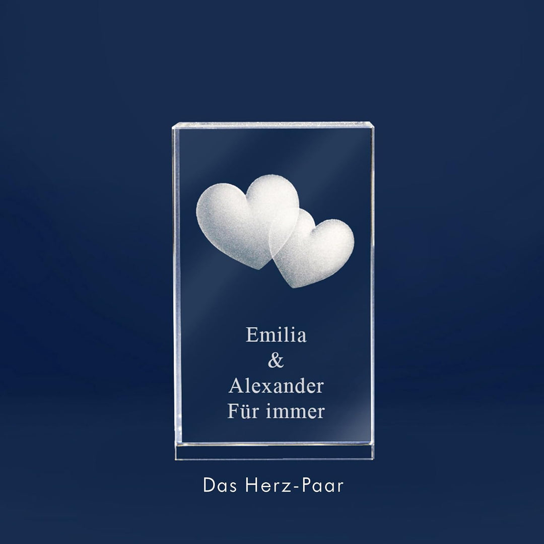LOOXIS Personalisierte 3D Herz-Gravur im Glas – versch. Motive, Namen, Wunsch-Text – Geschenk-Idee z