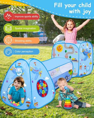 MAIKEHIGH Kinder Spielzelt mit Tunnel, 3 in 1 Pop Up Spieltunnel Bällebad Zelt krabbeltunnel Drinnen