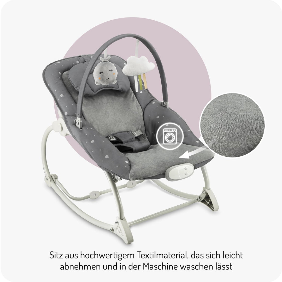MoMi Babywippe LAPIS für Babys bis 12 kg, Batteriebetrieb, 3-Punkt-Sicherheitsgurt, Bügel und 2 Spie