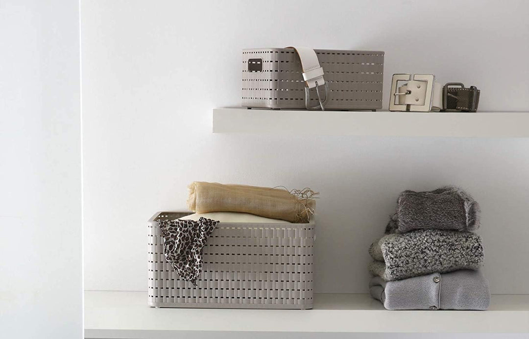 Rotho Country 3er-Set Aufbewahrungskiste 18l in Rattan-Optik, Kunststoff, beige, Beige