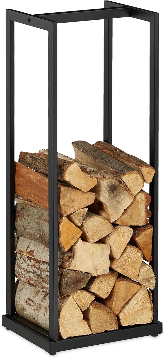 Relaxdays, schwarz Kaminholzregal, Metall, Brennholzregal hoch, für Feuerholz, Stapelholz, Brennholz