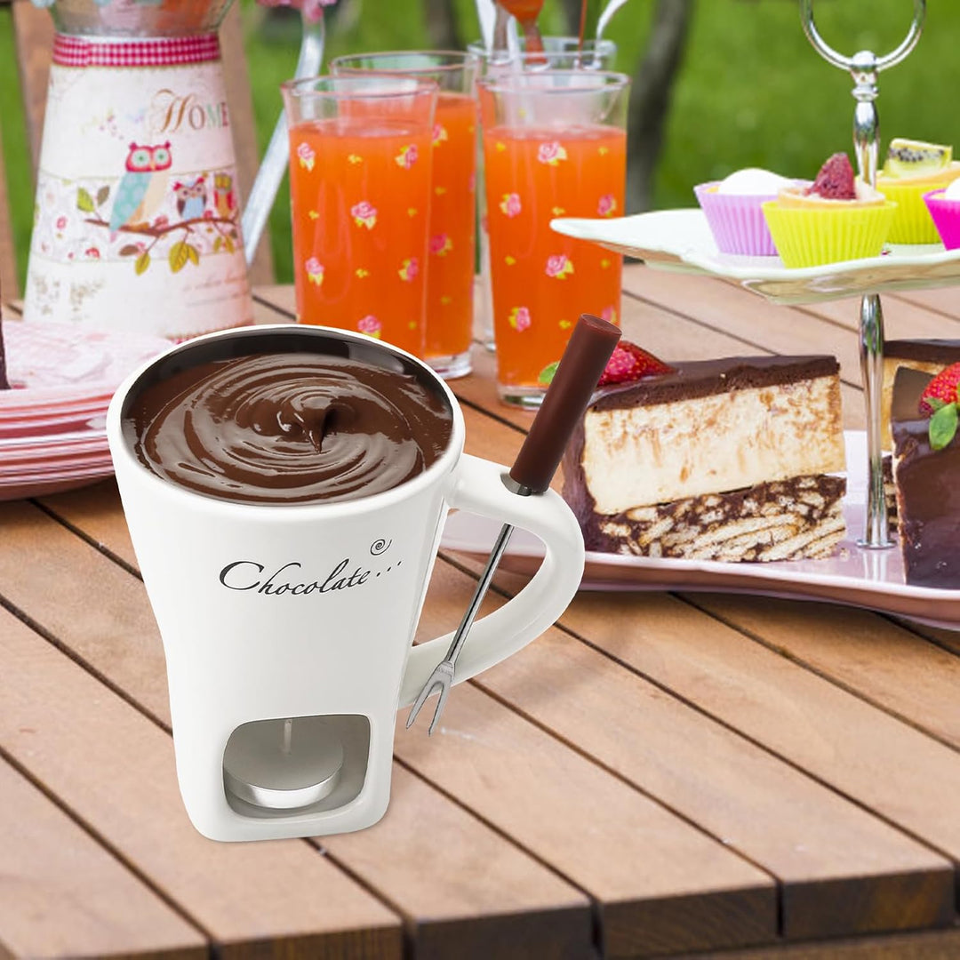 Schokofondue Tasse Keramik Schokoladenfondue mit Gabeln,200ml Keramik Schokoladenfondueset,Becher zu