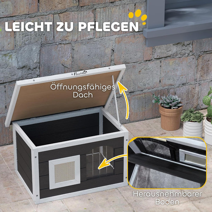 PawHut Katzenhaus aus Holz wasserdicht Katzenhütte mit klappbar Asphaltdach Kratzmatte herausnehmbar