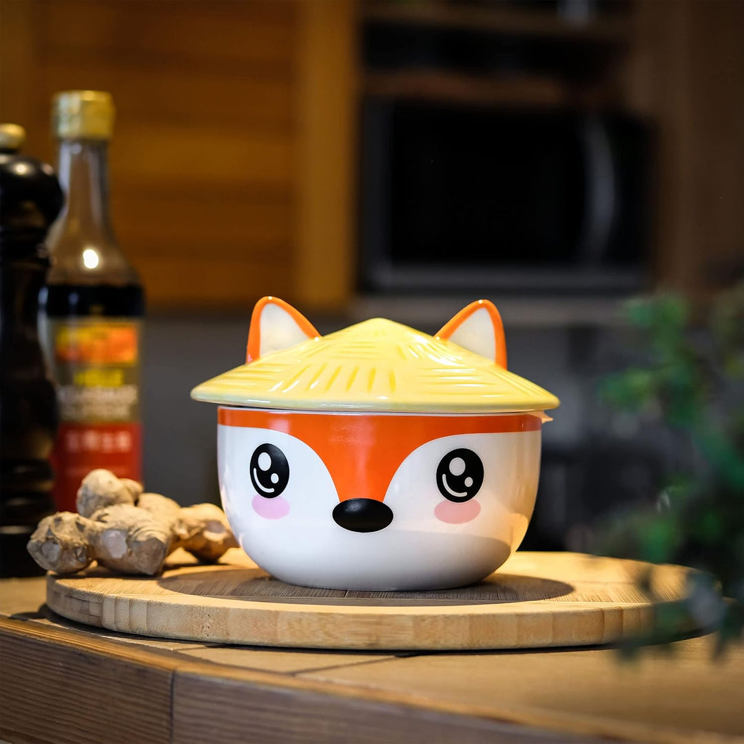 Elbenwald Fuchs Kawaii Schale mit Deckel für Anime Fans Ramen-Bowl Müslischale rundumbedruckt 550 ml