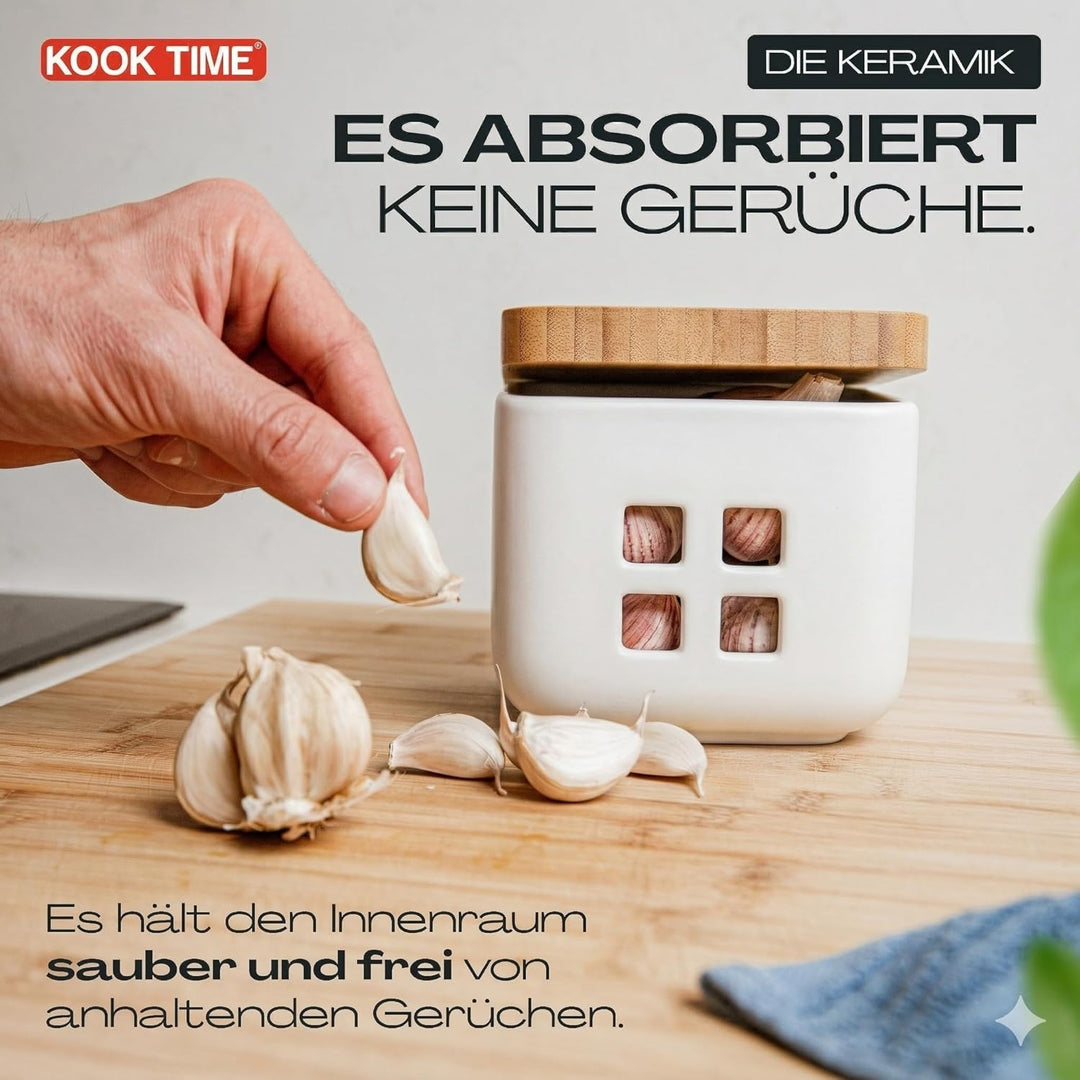 KOOK TIME Knoblauch Dose - Matt Weiss Keramik Knoblauchtopf mit Bambusholz Deckel, Perfekte Knoblauc