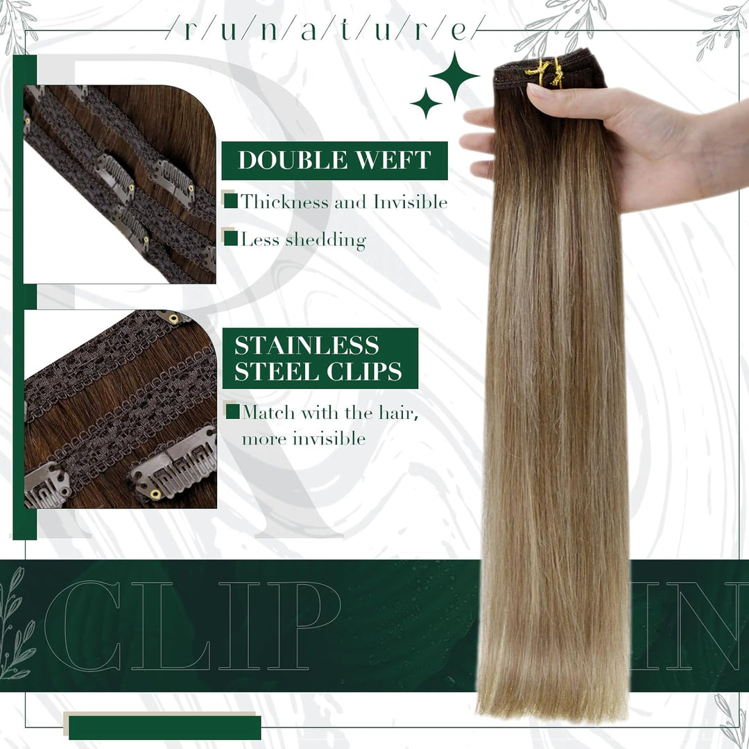 RUNATURE Balayage Braun Echthaar Extensions Clip Ombre Blond 40cm Invisible Clip in Hair Extensions