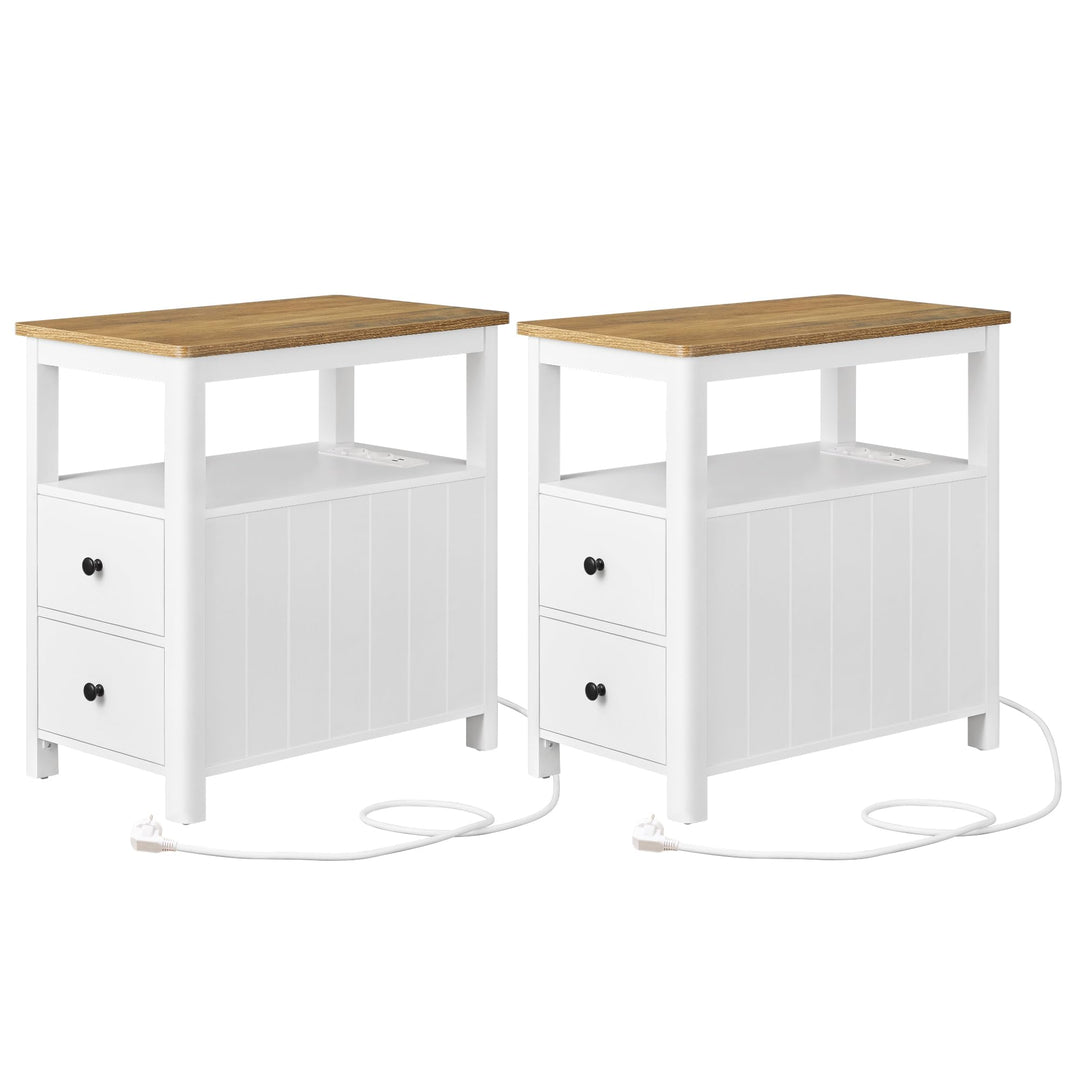 VASAGLE Beistelltisch, 2er Set, schmaler Nachttisch mit Steckdosenleiste, 2 Schubladen, Sofatisch, f
