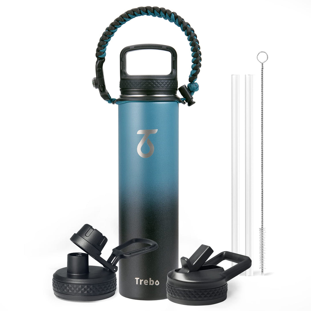 Trebo Trinkflasche Edelstahl, Thermosflasche mit Strohhalm mit Paracord-Griff & 3 Deckeln, Edelstahl