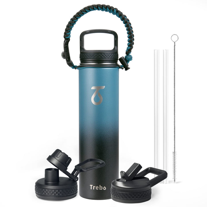 Trebo Trinkflasche Edelstahl, Thermosflasche mit Strohhalm mit Paracord-Griff & 3 Deckeln, Edelstahl