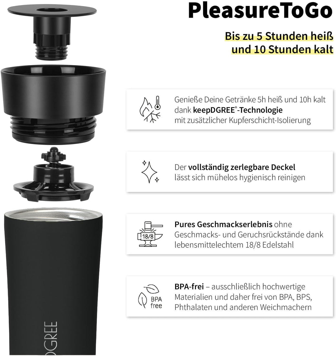 720°DGREE Thermobecher 350ml “PleasureToGo 2.0” - 3 Grössen, 5h Heiss, 10h Kalt, Auslaufsicher, BPA-