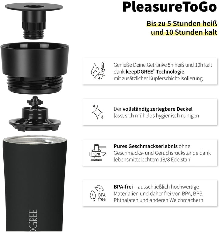 720°DGREE Thermobecher 350ml “PleasureToGo 2.0” - 3 Grössen, 5h Heiss, 10h Kalt, Auslaufsicher, BPA-
