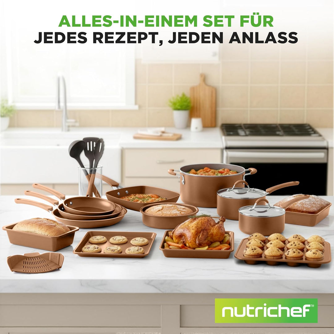 NutriChef Topf- und Pfannenset Induktion 20-teilig Marineblau – Antihaft-Kochgeschirr mit Deckeln un