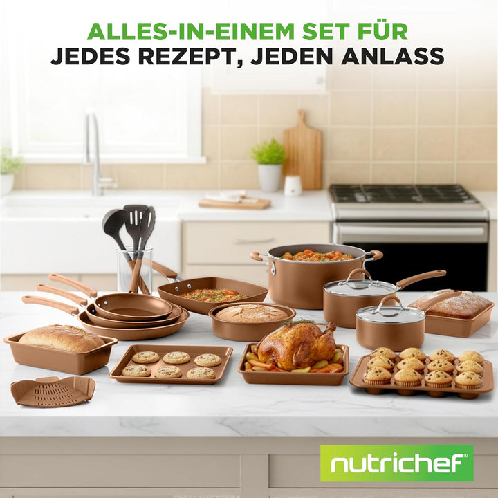 NutriChef Topf- und Pfannenset Induktion 20-teilig Marineblau – Antihaft-Kochgeschirr mit Deckeln un