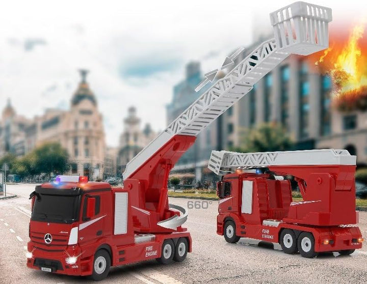 JAMARA 405212 - Feuerwehr Drehleiter Mercedes-Benz Antos 1:24 2,4GHz – realistischer Motorsound, Hup