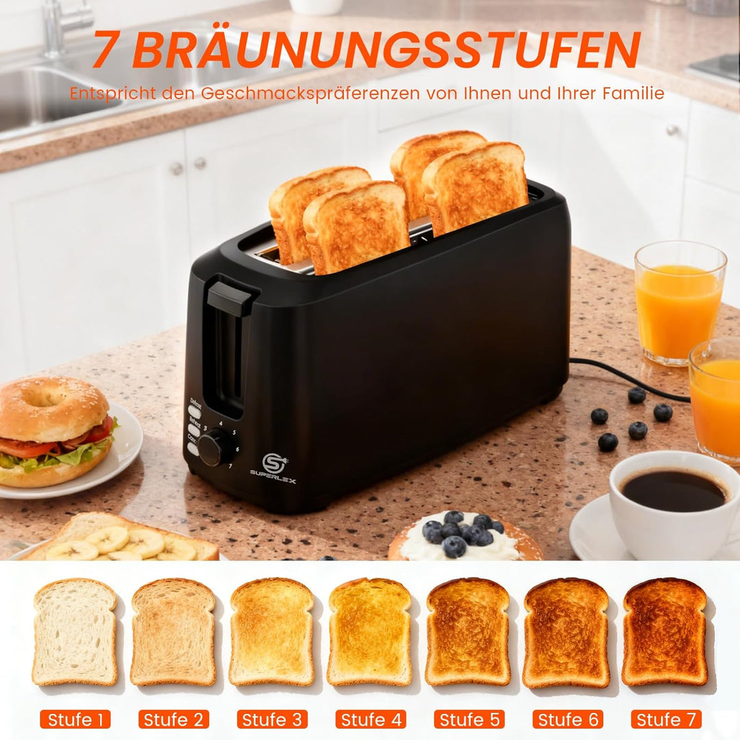 Toaster Langschlitz Toaster 4 Scheiben 7 Bräunungsstufen Auftaufunktion Aufwärmfunktion Herausnehmba