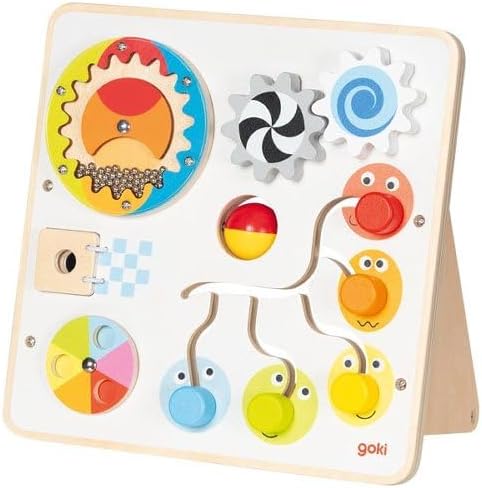 goki 59959 - Activity- und Motorikboard, Motorikspielzeug aus Holz mit Zahnrädern, Regenmacher, Schi