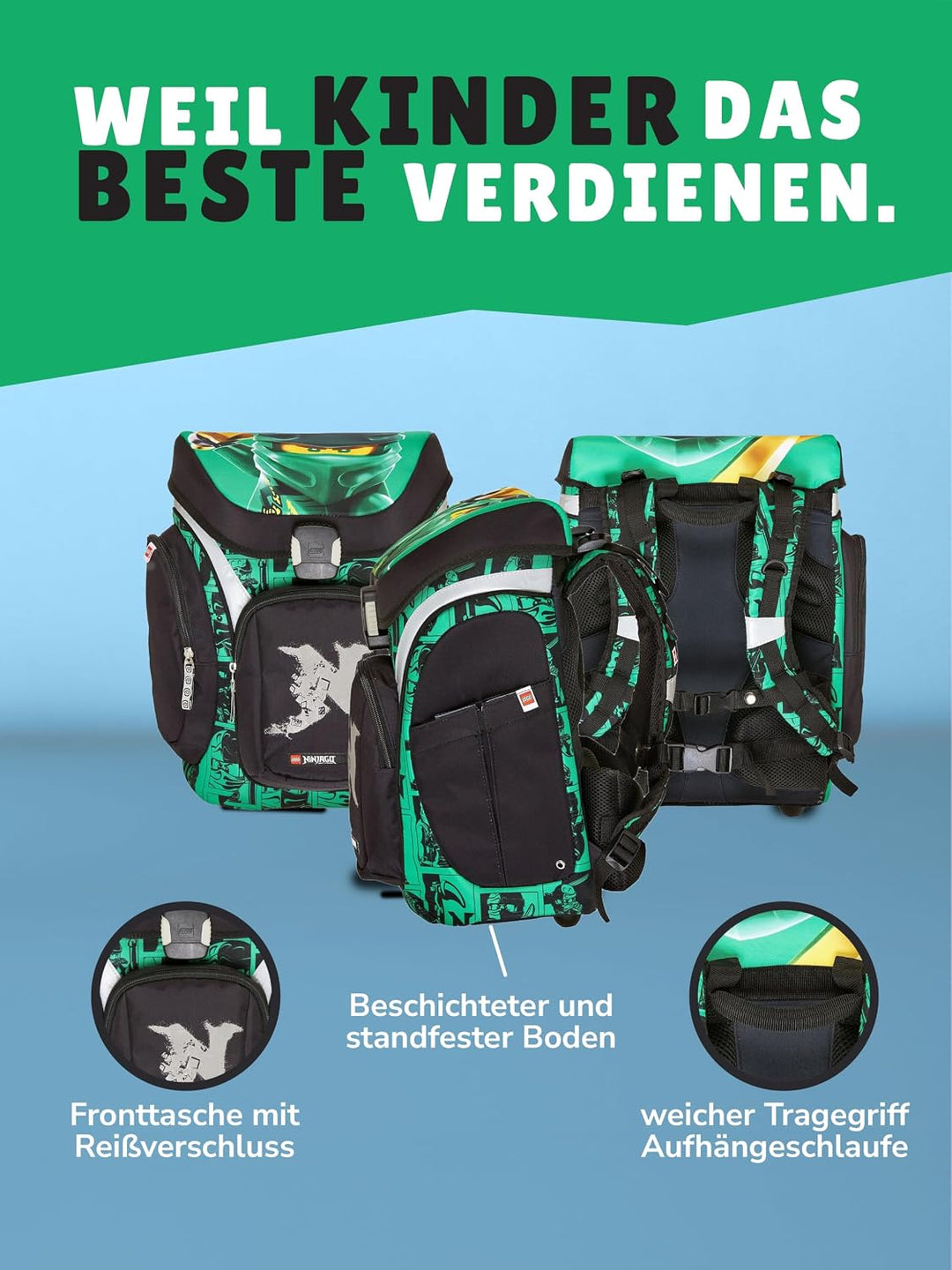 Familando - Schulranzen Set 9-teilig mit Sporttasche - Ninjago Grün - Ergonomisch, stabil & mit gepo