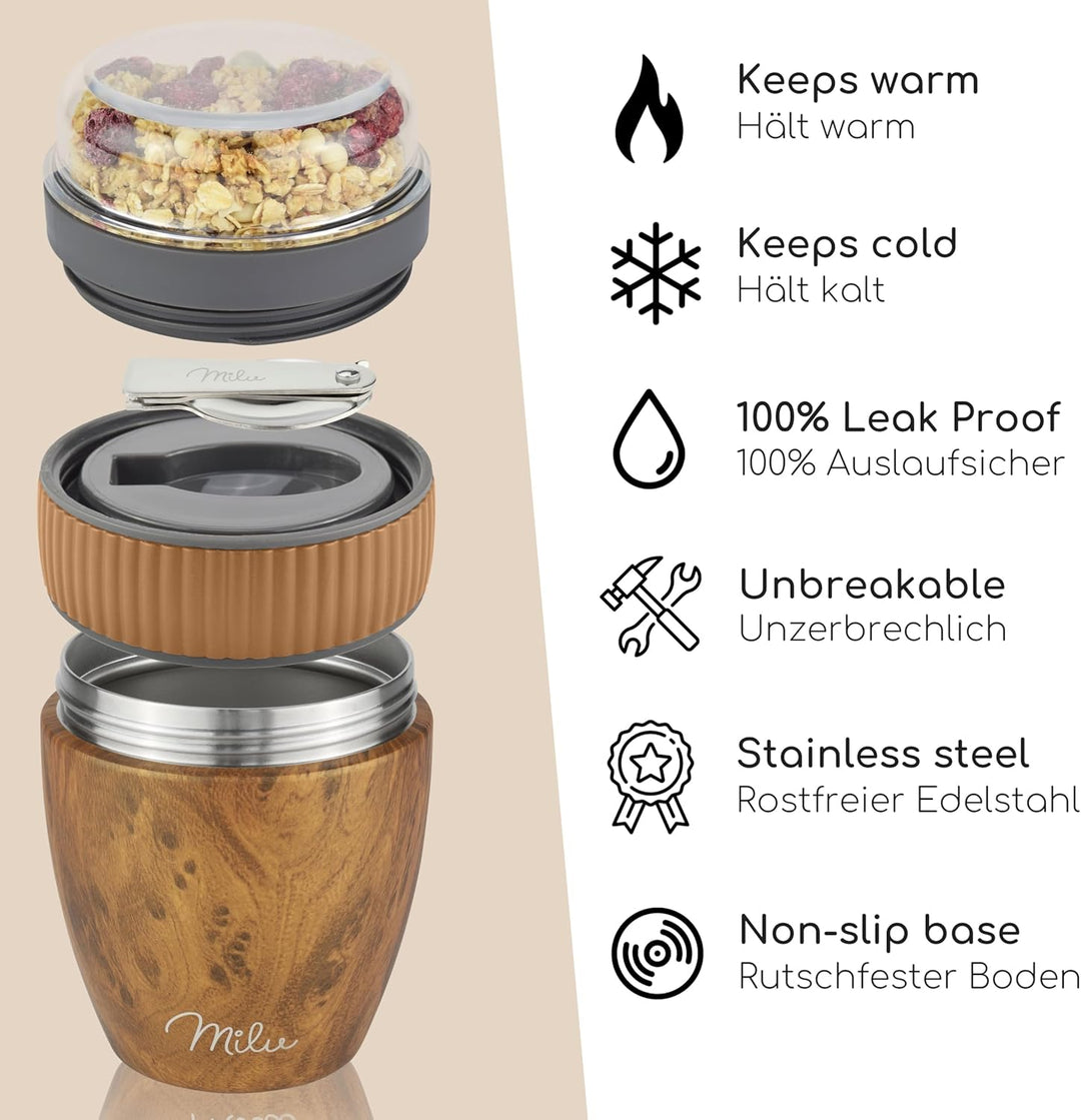 Milu Müslibecher to go 400ml "MüsliMax" I isolierter Edelstahl Joghurtbecher für Müsli I auslaufsich