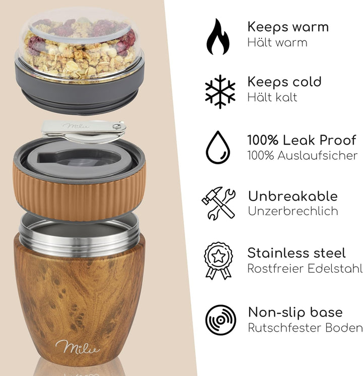 Milu Müslibecher to go 400ml "MüsliMax" I isolierter Edelstahl Joghurtbecher für Müsli I auslaufsich