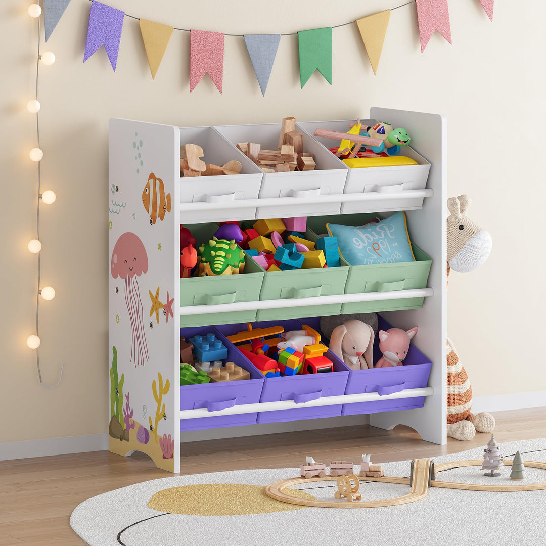 [en.casa] Kinderregal Boiro Kinderzimmerregal 60 x 62 x 30 cm stehend mit 9 Faltboxen Spielzeug Aufb
