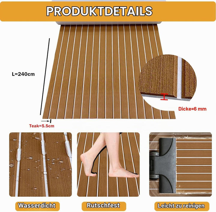 Hzkaicun Eva Schaum Boot 240x17/41/60/90 cm, Teakholz Eva Schaum Bodenbelag, Selbstklebende Deck Tep