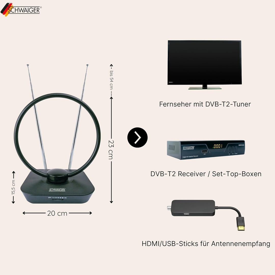 SCHWAIGER 720365 DVB-T2 Zimmerantenne aktiv mit Verstärker DAB+ DVB-T Antenne Fernsehen LTE-Sperrfil