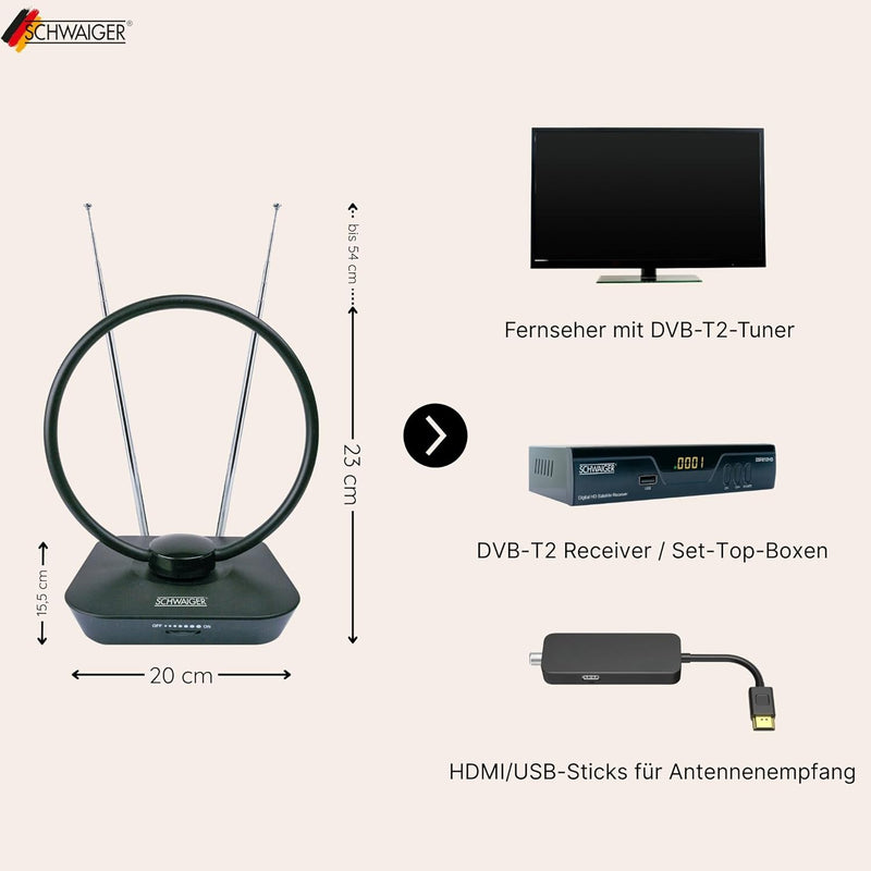 SCHWAIGER 720365 DVB-T2 Zimmerantenne aktiv mit Verstärker DAB+ DVB-T Antenne Fernsehen LTE-Sperrfil