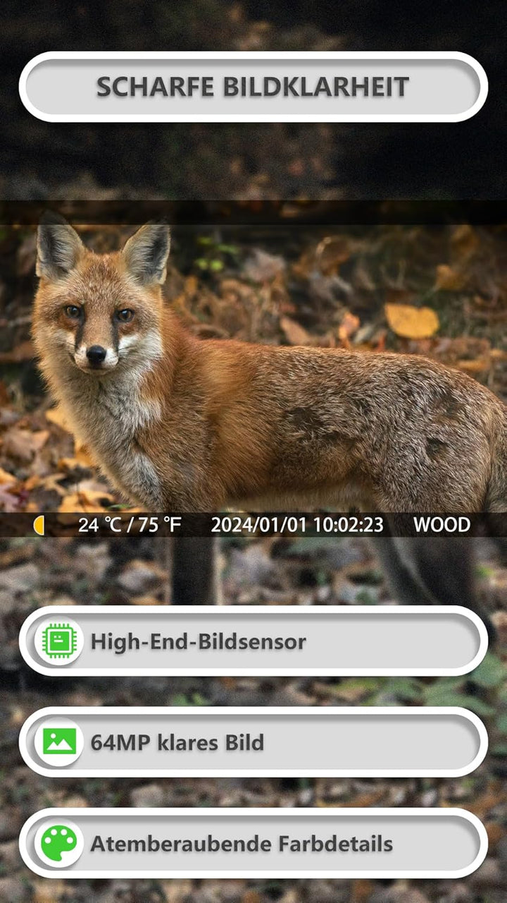 GardePro E8P Wildkamera WLAN, Wiederaufladbare 8000mAh Batterie, 64MP 1296P, Wildtierkamera mit bewe