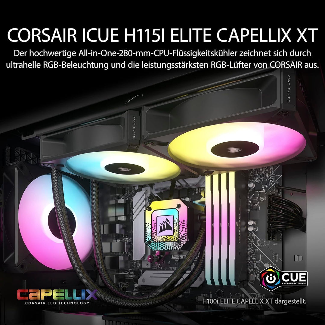 Corsair iCUE H115i Elite CAPELLIX XT Flüssig-CPU-Kühler - Zwei AF140 RGB Elite-Lüfter - 280-mm-Radia