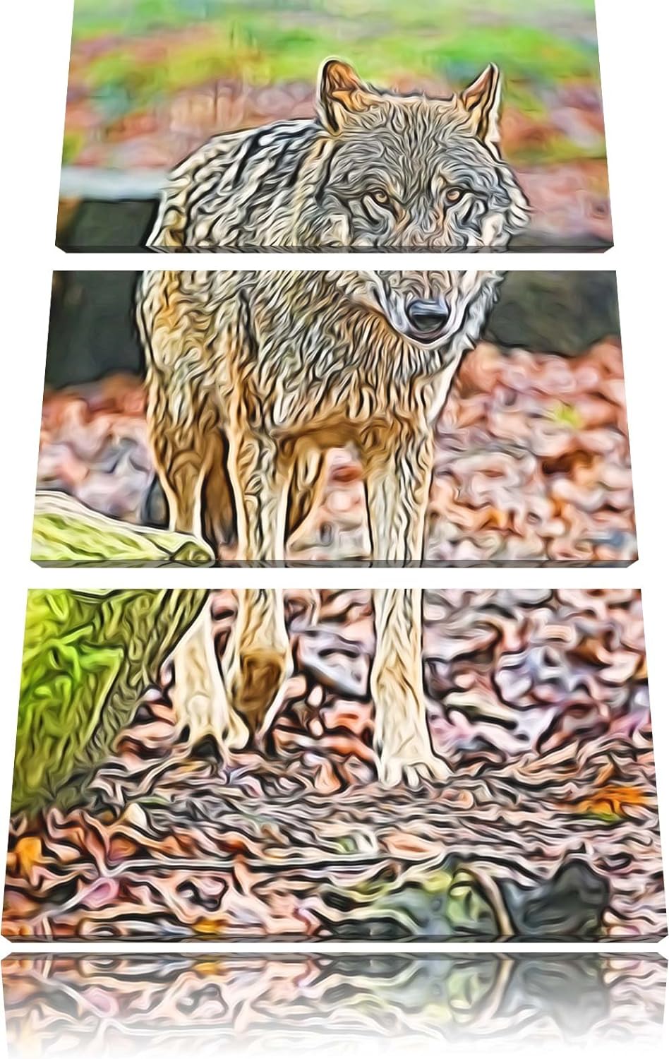 Wolf im Laubwald Spezial 3-Teiler Leinwandbild 120x80 Bild auf Leinwand, XXL riesige Bilder fertig g