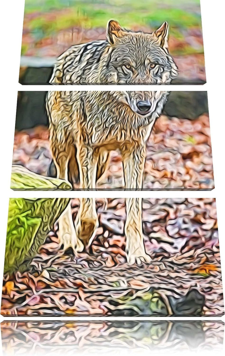 Wolf im Laubwald Spezial 3-Teiler Leinwandbild 120x80 Bild auf Leinwand, XXL riesige Bilder fertig g