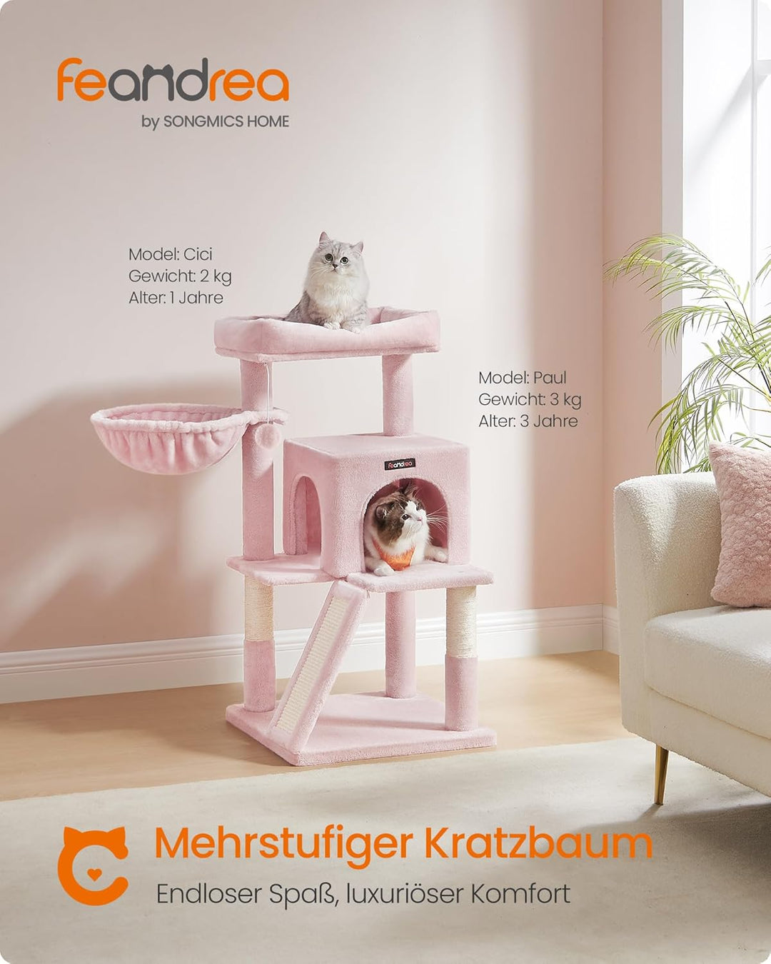 Feandrea Kratzbaum, Katzenbaum mit grosser Plattform, pastellrosa PCT051P01, pastellrosa