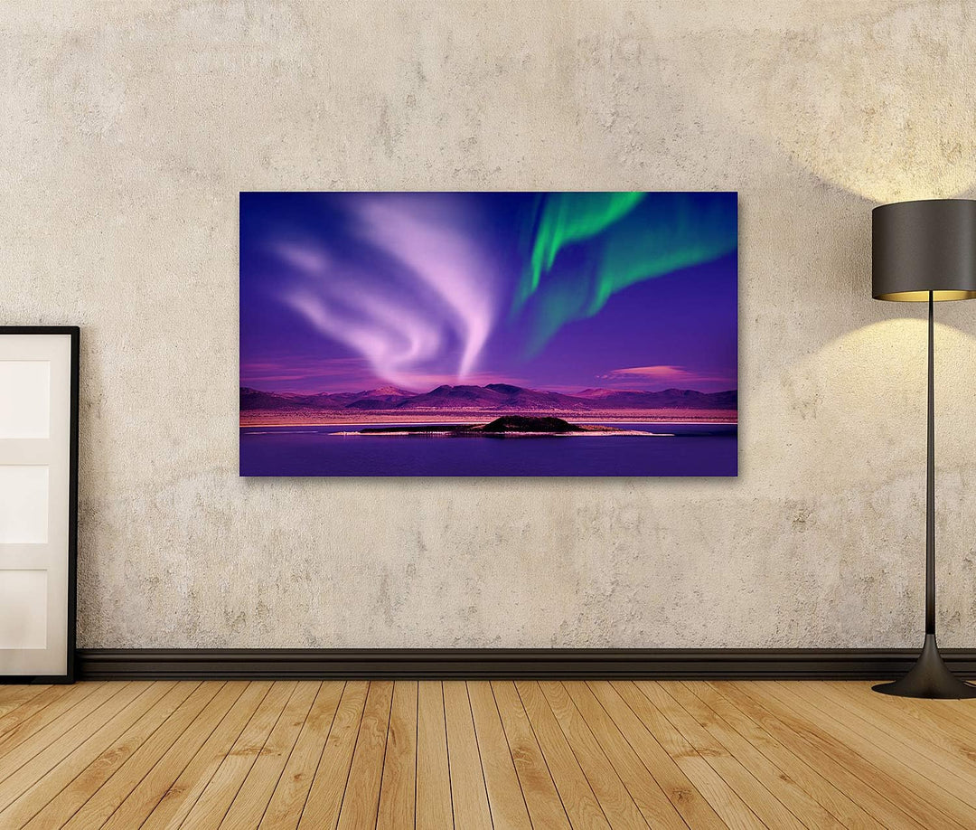 islandburner Bild auf Leinwand Nordlichter Aurora Borealis Nachthimmel See Landschaft Bilder Wandbil