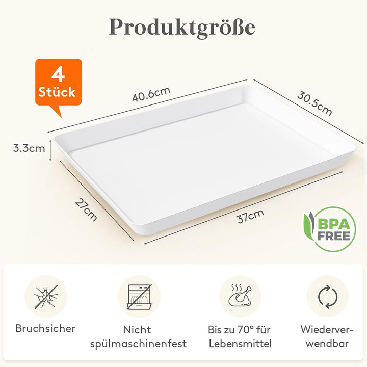 Lifewit 4 Stück Grosse Servierplatte Kunststoff, 40,6 x 30,5cm, Tablett Weiss | BPA-frei Serviertabl
