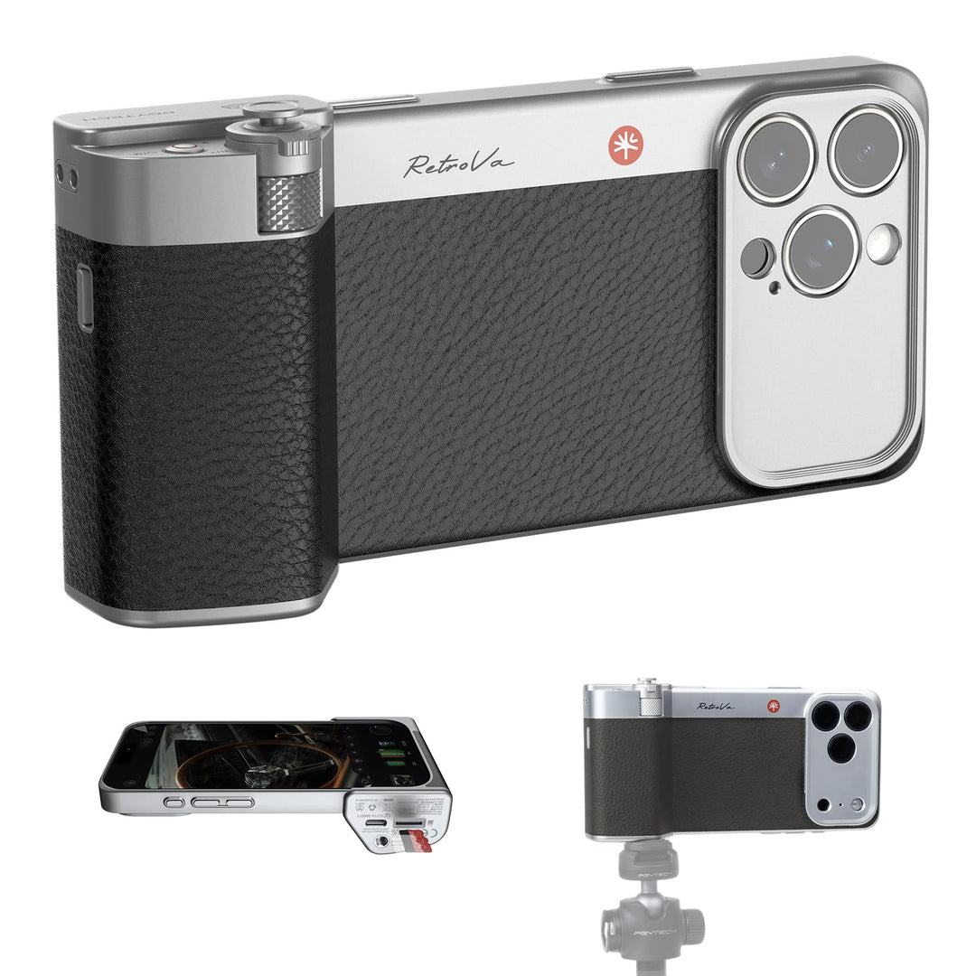 PGYTECH RetroVa Kameragriff Kit für Retro-Fotografie, für iPhone 16 Pro | Vintage-Handyhülle mit Blu