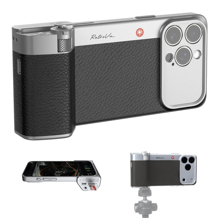 PGYTECH RetroVa Kameragriff Kit für Retro-Fotografie, für iPhone 16 Pro | Vintage-Handyhülle mit Blu