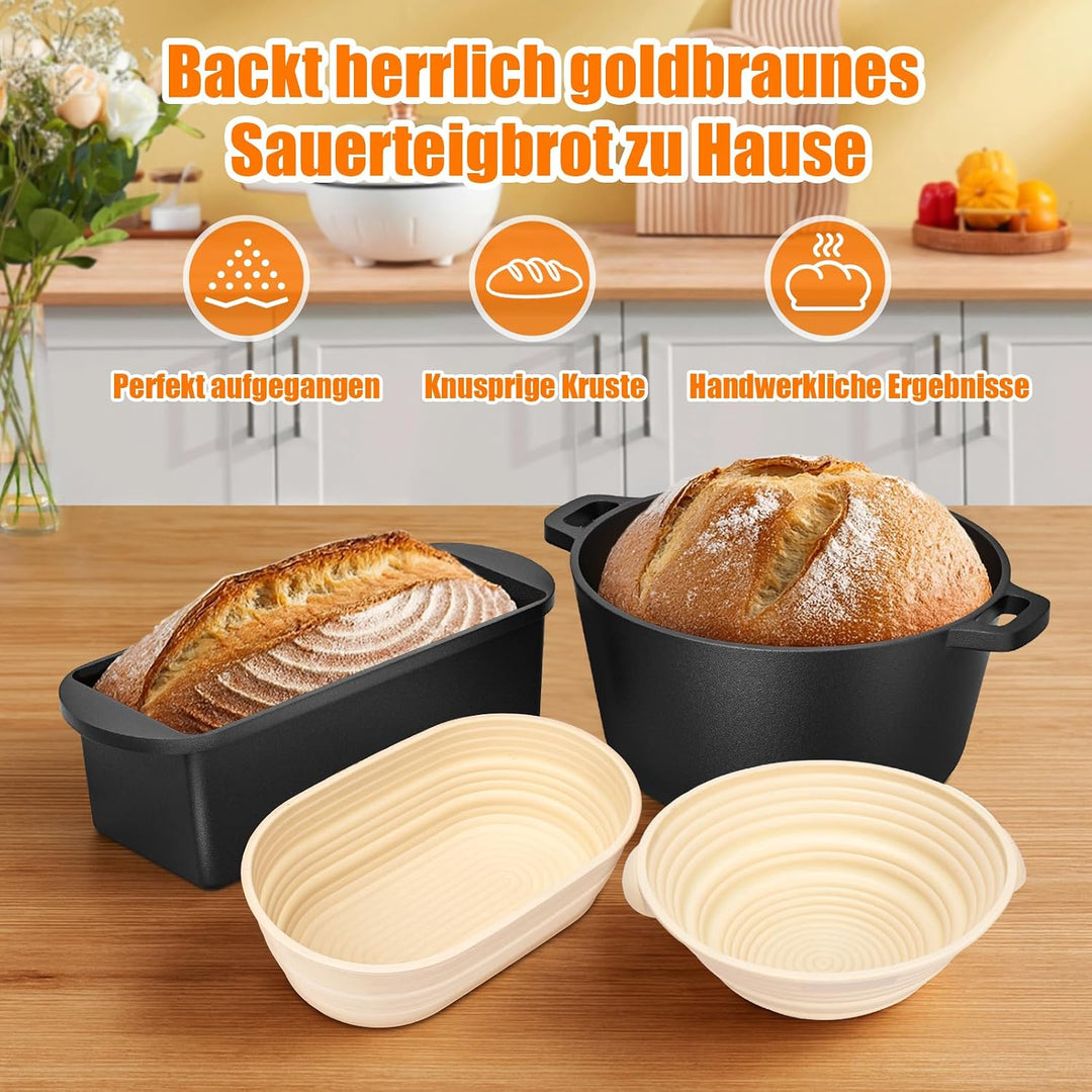 GFTIME Gusseisen Topf 26cm Brot Backen inkl. Brotbackform mit Deckel inkl. Gärkorb - Robuste Brotbac