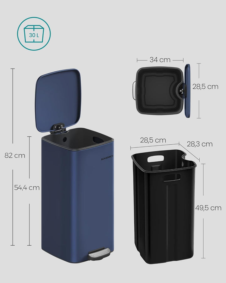 SONGMICS Mülleimer Küche, 30 Liter Abfalleimer, Tretmülleimer, Stahl, mit Inneneimer, Softclose, Off