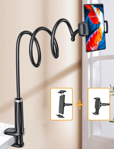 Tryone Schwanenhals Tablet Halterung Bett: Tablet Halter 360°Drehbarer Sockel mit 2 Clips Handyhalte