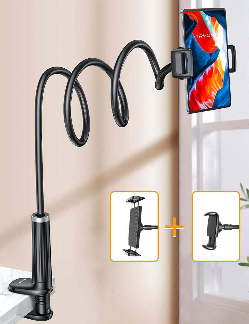 Tryone Schwanenhals Tablet Halterung Bett: Tablet Halter 360°Drehbarer Sockel mit 2 Clips Handyhalte