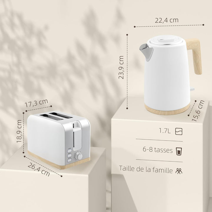 HOMCOM Set Wasserkocher und Toaster 2200W, Wasserkocher 1,7 L Schnellheizer und Toaster 2 Scheiben,