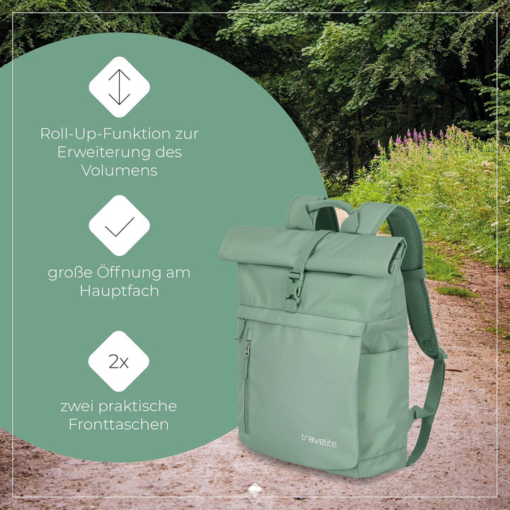 Travelite Handgepäck Rucksack, Laptop Rucksack 15,6 Zoll, BASICS, Reiserucksack Rolltop Funktion, 60