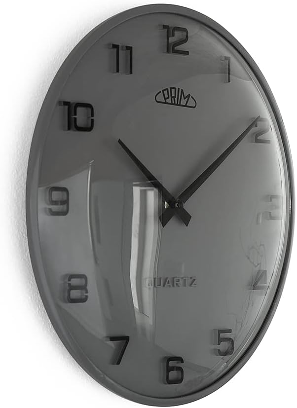 PRIM Design-Kunststoffuhr Bloom III – B, Moderne Wanduhr im Retro Style, Grafit, gewölbtes Glas, lux