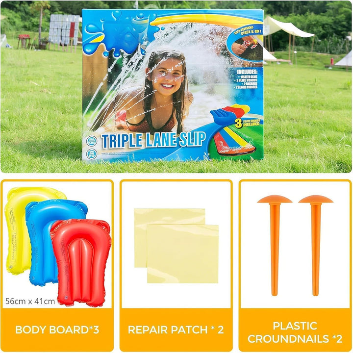 Generisch Wasserrutsche Garten für Kinder, 488 * 208CM Dreispurige Rutschbahn mit 3 Bodyboards, Wass
