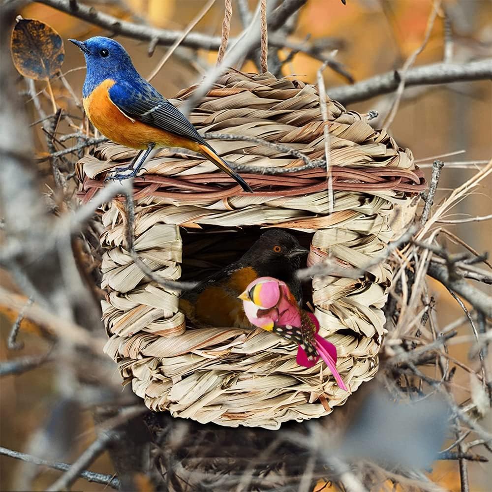 Vogelnest Gras, 2 Stück Gras Bird Nest, Handgewebte Vogelhäuser, Verschleissfest Hängender Vogelnest