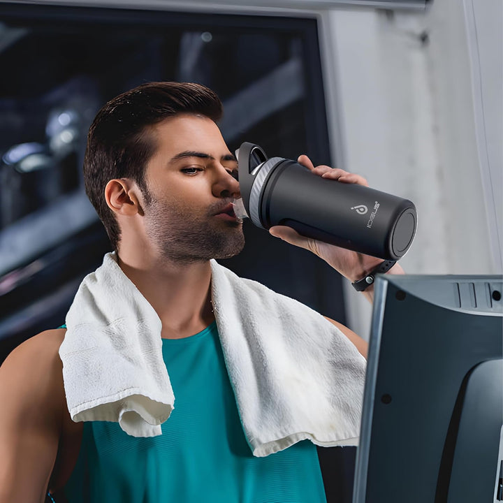 Ideus Shaker Trinkflasche 700ml (24oz)，Doppelwandig Edelstahl Sportflasche mit Mischkugel, Metall Ei